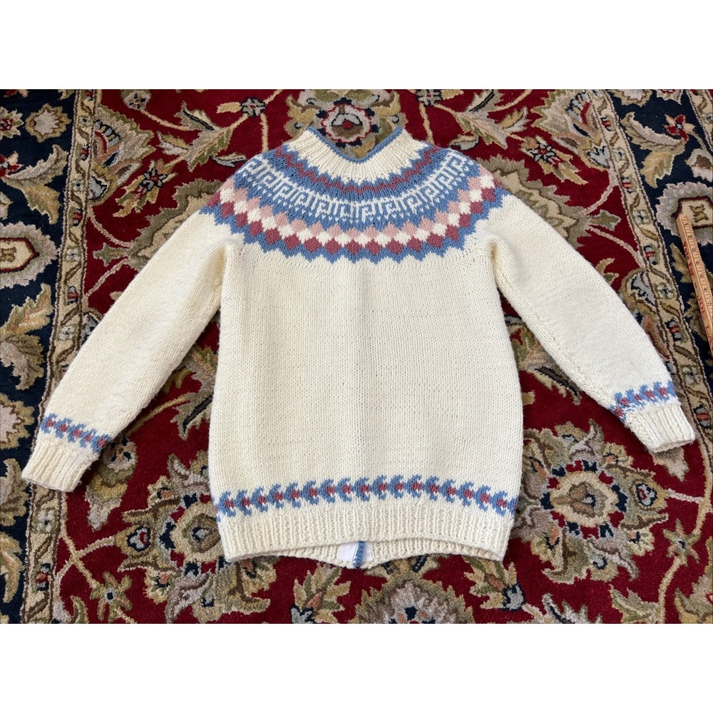 Women's M Ivory Hand Knit Fair Isle Scandinavian Cardigan Sweater Acrylic Wool - Picture 9 of 14